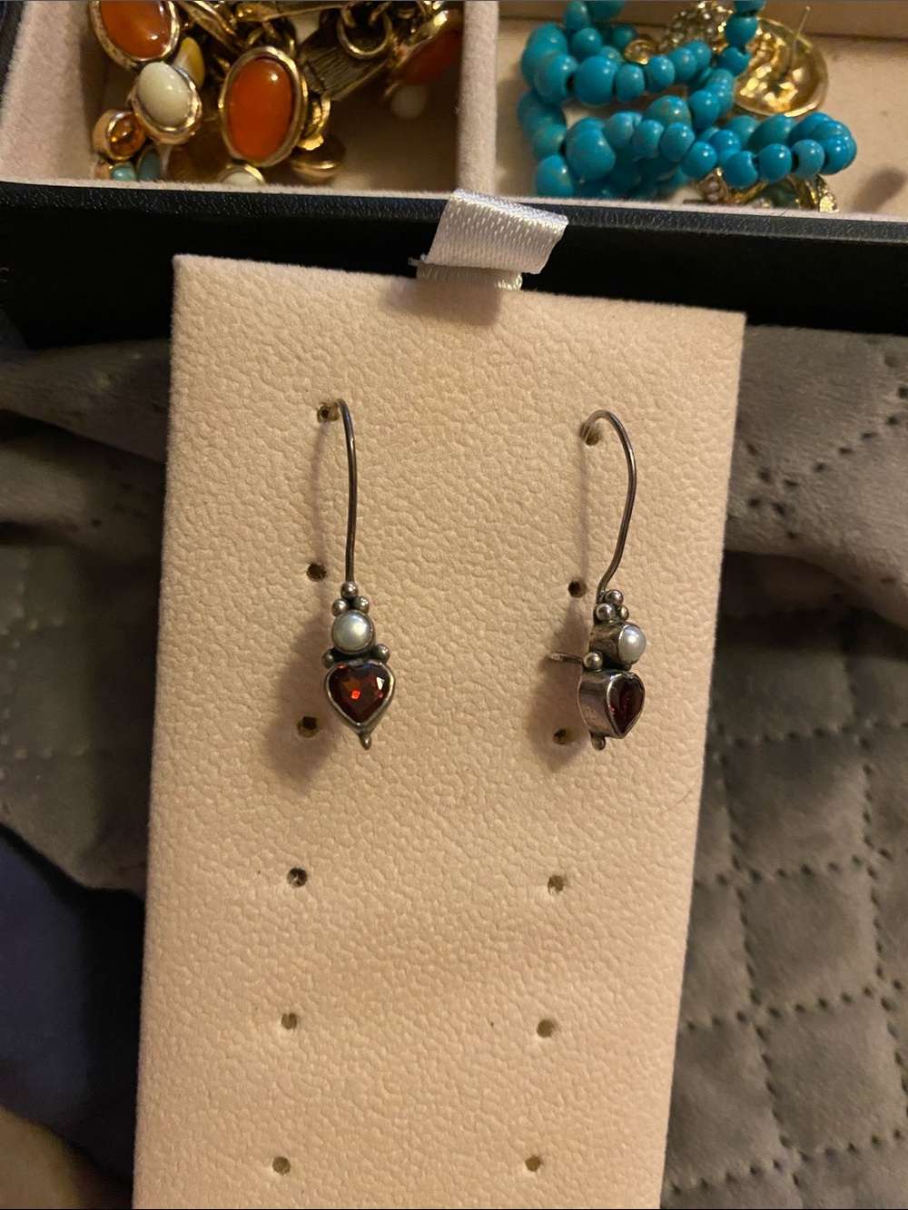 Source Unknown Silver Heart Earrings with Red Stones and Pearl Accents